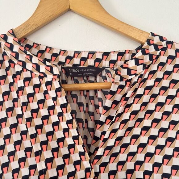 M&S Collection Pink Navy Geometric Pattern Cuffed Short Sleeve Midi Dress - Picture 4 of 9